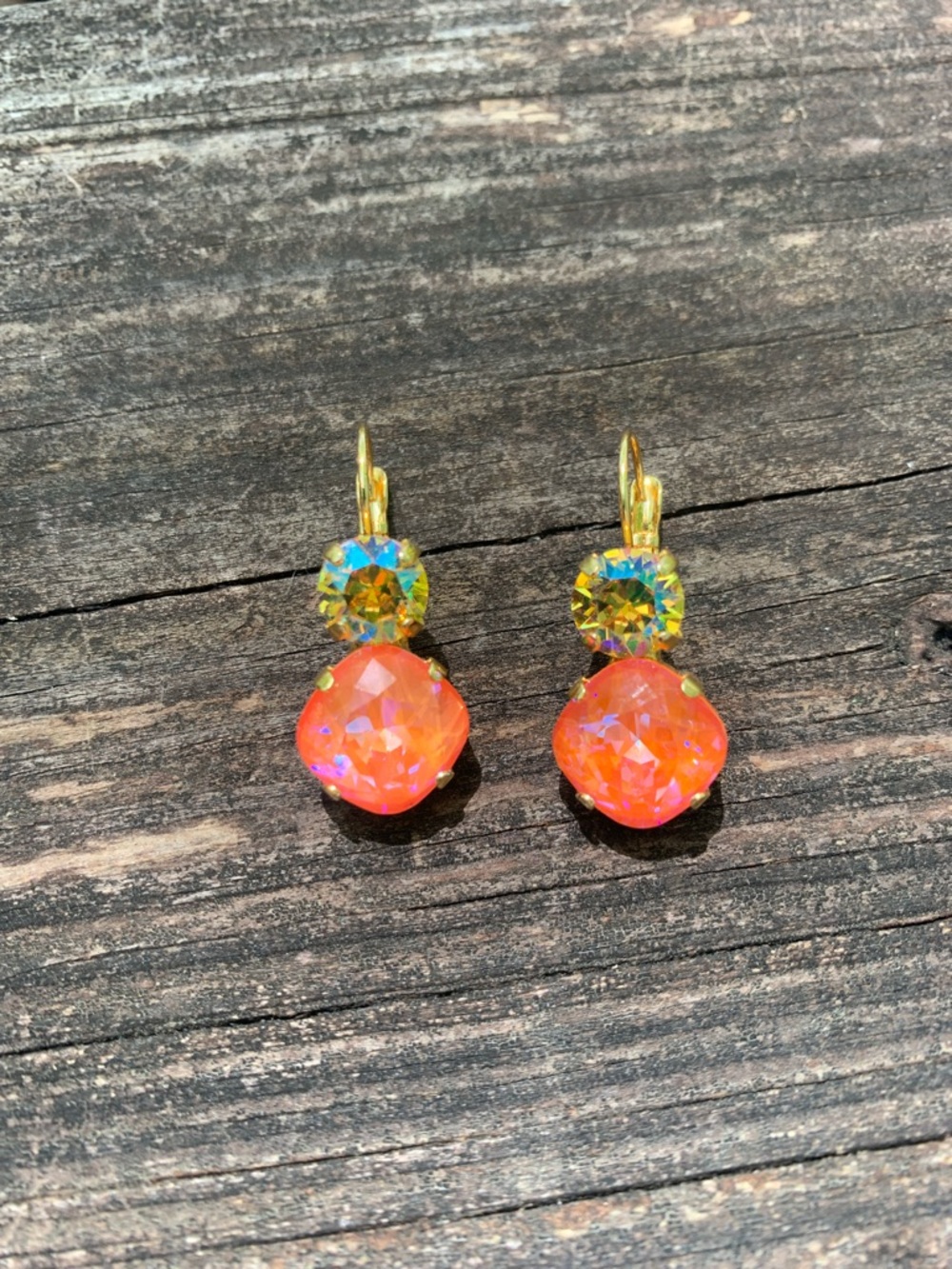 Gold-Tone Dangle Earrings with Pink (Coral) and yellow and Iridescent Stones